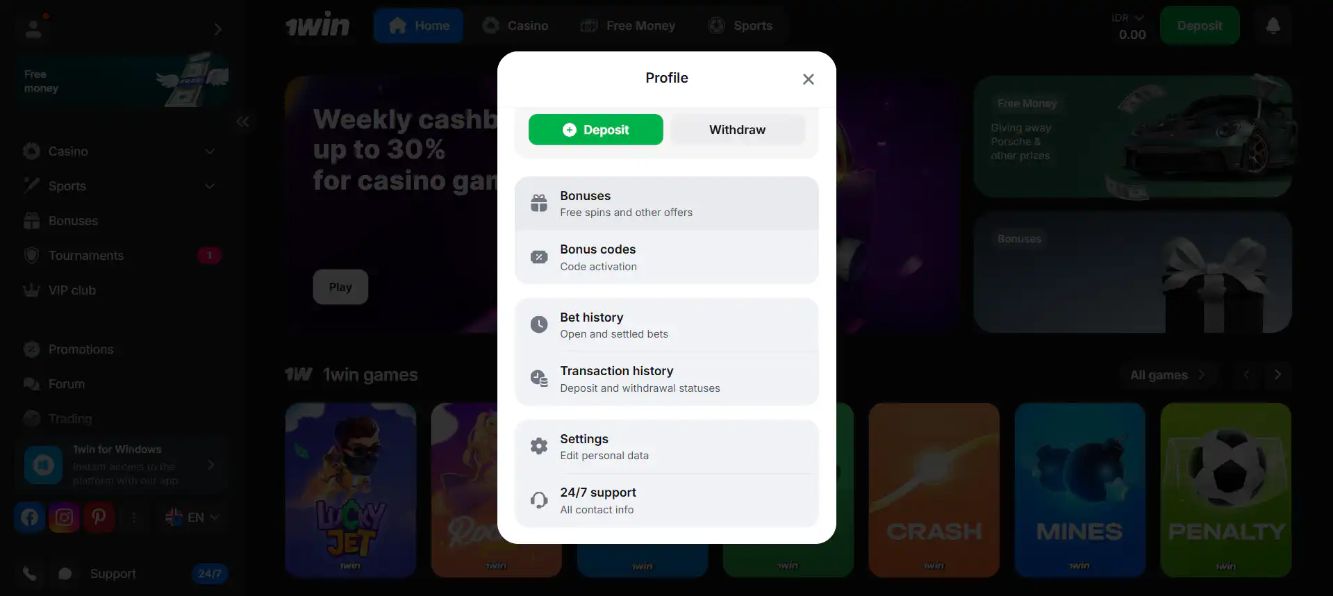Fast withdrawal options available on 1win Indonesia with verified payment systems